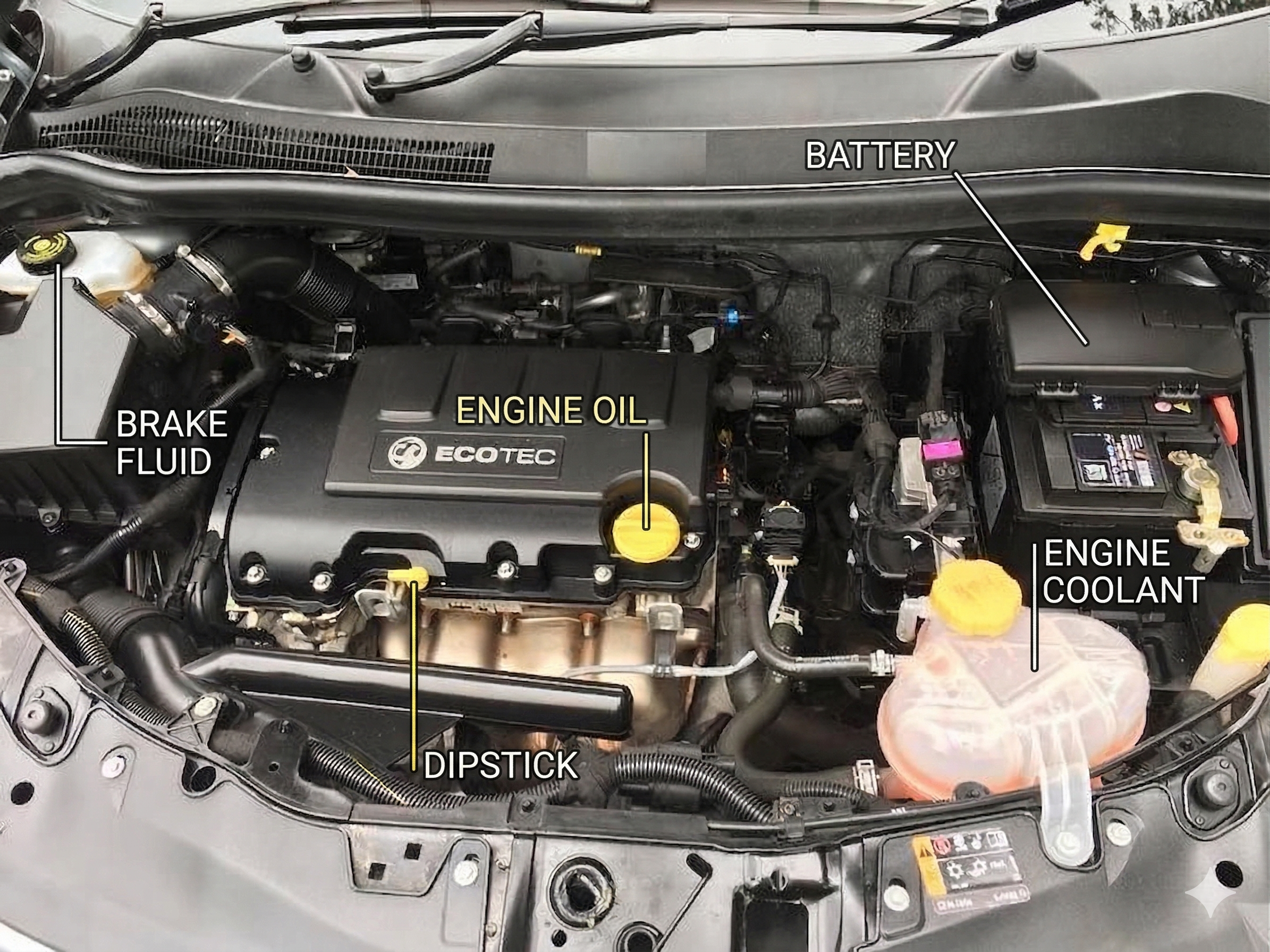 Annotated Vauxhall Corsa D 1.2 Engine Bay